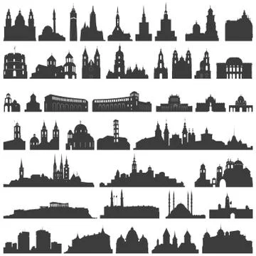 Vector collection of isolated palaces, temples, churches, cathedrals etc Stock Illustration