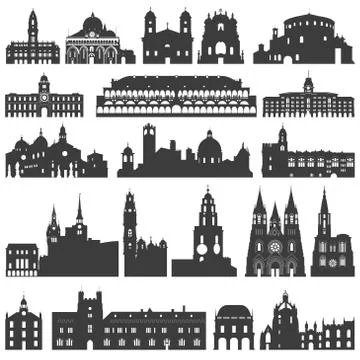 Vector collection of isolated palaces, temples, churches, cathedrals etc Stock Illustration
