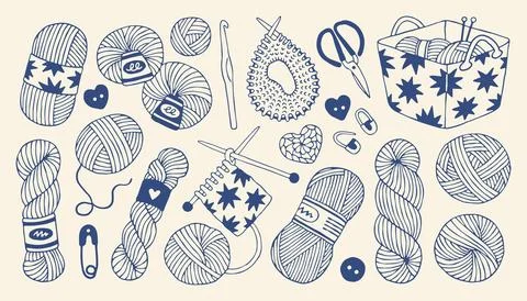 Vector collection of knitting yarn balls and crochet hooks. Hand drawn doodle Illustrazione stock