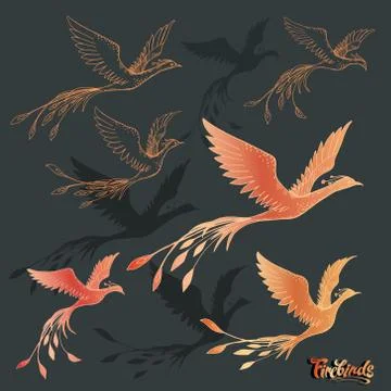 Vector collection of many different firebirds and phoenixes on a dark background Stock Illustration