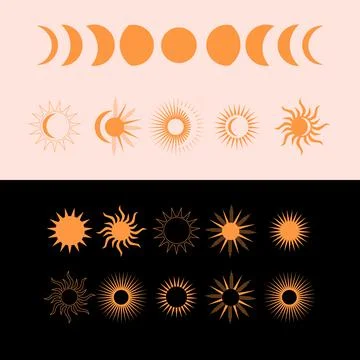Vector collection of moon, sun and stars, in boho style Stock Illustration