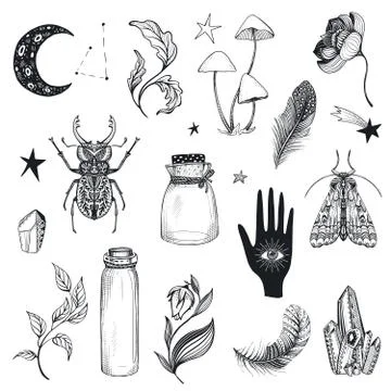 Vector collection of mystical magic boho elements isolated on white. イラスト素材