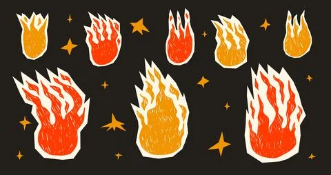 Vector collection of paper cutouts bonfire. Flame fire shapes graphics with Stock Illustration