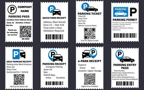 Vector collection of parking ticket and receipt templates with QR codes and.. Illustrazione stock