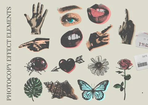 A vector collection with a photocopy effect, which features retro style elements Illustrazione stock