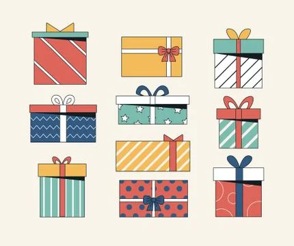 Vector collection present of different gift boxes with bows and ribbons. Flat Stock Illustration