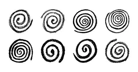 Vector collection of round spiral doodles in crayon, pastel, chalk, and charcoal Illustrazione stock