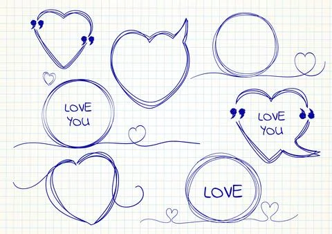 Vector collection of scribbled comic heart-shaped speech bubbles with hand .. Stock Illustration