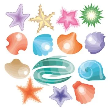 Vector Collection of Sea Shells and Stars. Stock Illustration