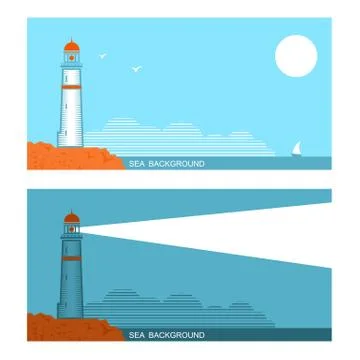 Vector collection set of banners about lighthouse in blue sea Stock Illustration