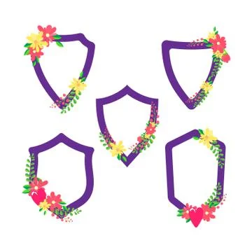 Vector collection of shields with flowers for a wedding invitation in flat style Stock Illustration