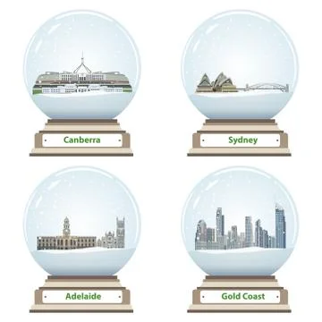 Vector collection of snow globes with australian city skylines inside Stock Illustration