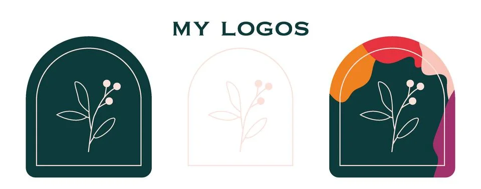 Vector collection of stylish logos. Delicate leaves and frames in bright Stock Illustration
