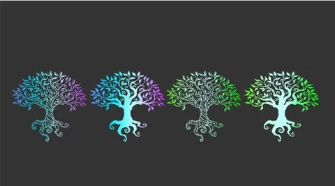 Vector collection of stylish neon tree of life silhouettes on a gray background Stock Illustration