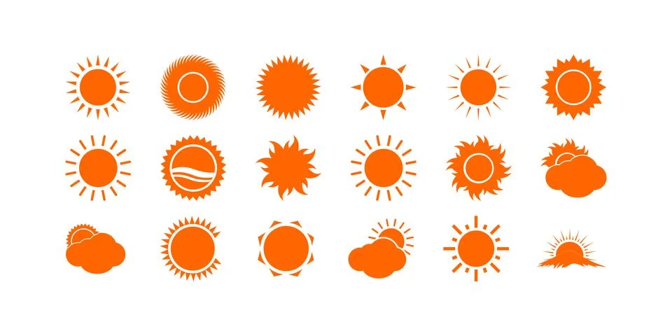 Vector collection of sun icons with various styles and symbols including rays 스톡 일러스트