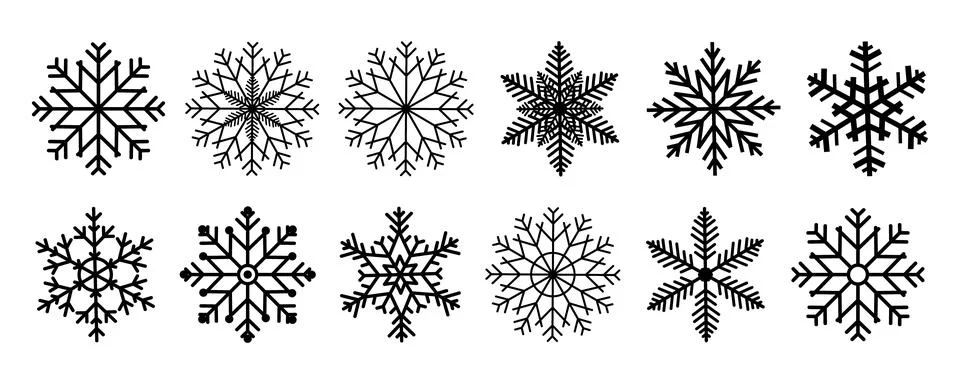 Vector collection of unique, detailed black snowflakes. Ideal for winter, C.. Stock Illustration