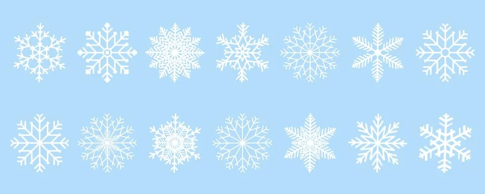 Vector collection of unique, detailed white snowflakes on a light blue back.. Stock Illustration