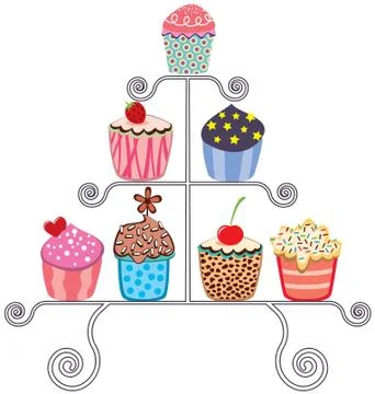 Vector collection of various cupcakes on a stand Stock Illustration