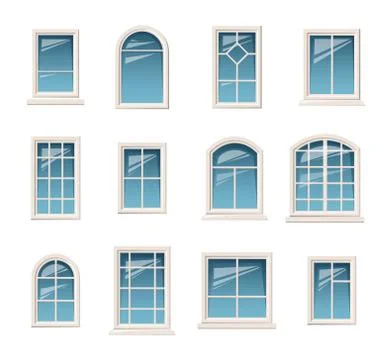 Vector collection of various white windows. Various types plastic windows Stock Illustration