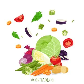 Vector collection of vegetables falling, Tomato, Okra, Cabbage, Carrot and ot イラスト素材
