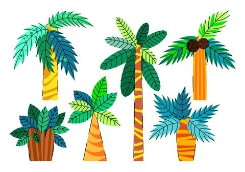 Vector collection of vibrant cartoon palm trees and exotic tropical plants. Stock Illustration