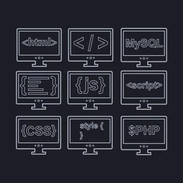 Vector collection of web development icons - html, css, tag, mysql, curves, php Stock Illustration