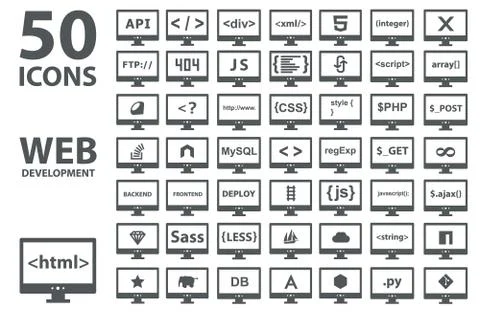 Vector collection of web development icons: html, css, tag, server, programming Stock Illustration