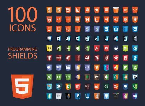 Vector collection of web development icons: html, css, tag, server, programming Stock Illustration