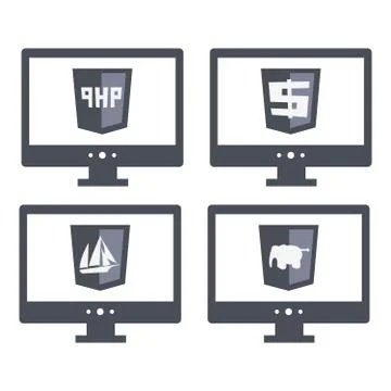 Vector collection of web development shield signs php. isolated  grey icons Illustration