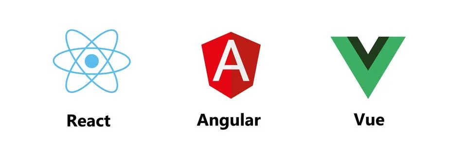 Vector collection of web development shield signs: react js, angular and vue js. Stock Illustration