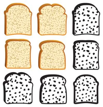 Vector collection of white bread slices and icons Illustrazione stock