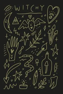 Vector collection of witchcraft cartoon elements green witch magic symbols set Stock Illustration