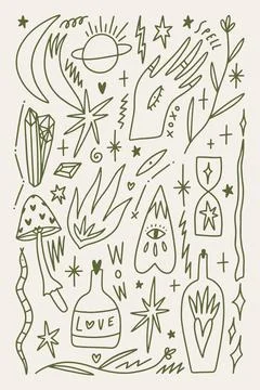 Vector collection of witchcraft cartoon elements green witch magic symbols set イラスト素材