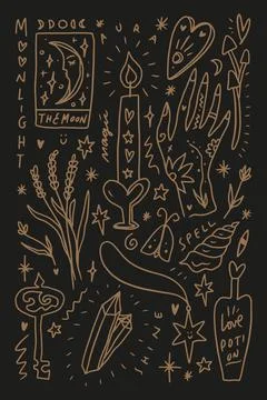 Vector collection of witchcraft cartoon elements green witch magic symbols set Stock Illustration