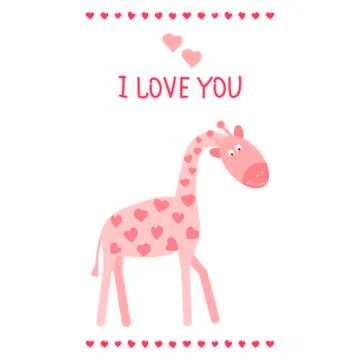 Vector color cute poster, print, postcard with pink giraffe with hearts. The  Stock Illustration