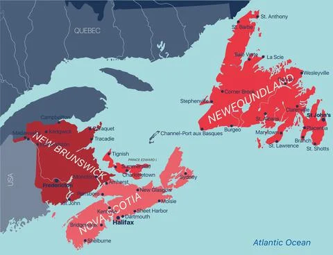 Vector color editable map of Atlantic provinces of Canada New Brunswick, Nova 스톡 일러스트