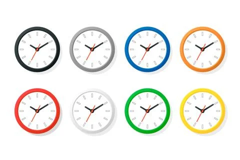 Vector Color Flat Wall Office Clock Icon Set Isolated on White. Different Colors Stock Illustration