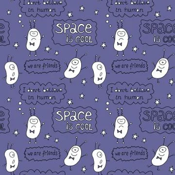 Vector color funny seamless pattern with cute monsters aliens, space doodles  스톡 일러스트