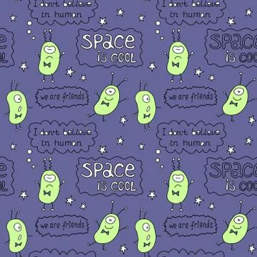 Vector color funny seamless pattern with cute monsters aliens, space doodles  イラスト素材