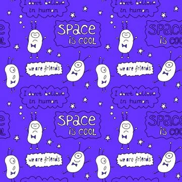 Vector color funny seamless pattern with cute monsters aliens, space doodles  Stockillustratie