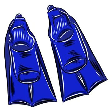 Vector color hand-drawn illustration of blue swimming fins, black line art Stock Illustration