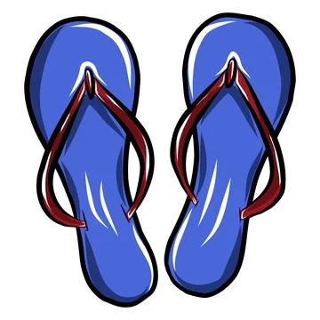 Vector color hand-drawn illustration of blue beach slippers, black line Stock Illustration