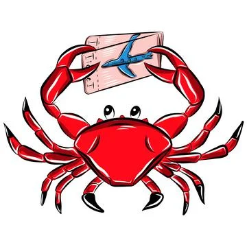 Vector color hand drawn illustration of a sea crab holding an airplane tick.. Иллюстрация