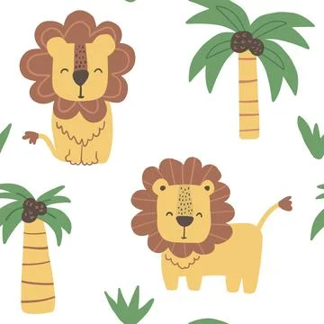 Vector color hand-drawn seamless repeating childish cute pattern with lions in Stock Illustration