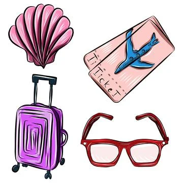 Vector color hand drawn set illustration, summer vacation accessories, black  Illustration