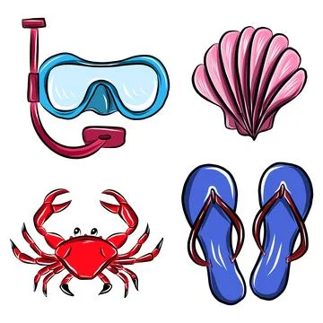Vector color hand drawn set illustration, summer vacation accessories, blac.. 스톡 일러스트