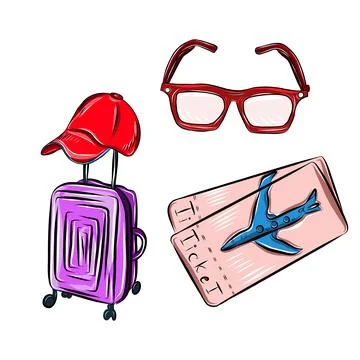 Vector color hand drawn set illustration, summer vacation accessories, blac.. Stockillustratie