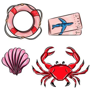 Vector color hand drawn set illustration, summer vacation accessories, blac.. Illustration