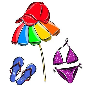Vector color hand drawn set illustration, summer vacation accessories, blac.. Illustrazione stock