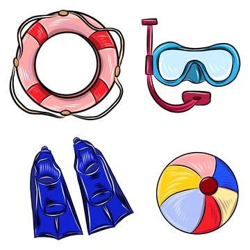 Vector color hand drawn set illustration, summer vacation accessories, blac.. Illustrazione stock